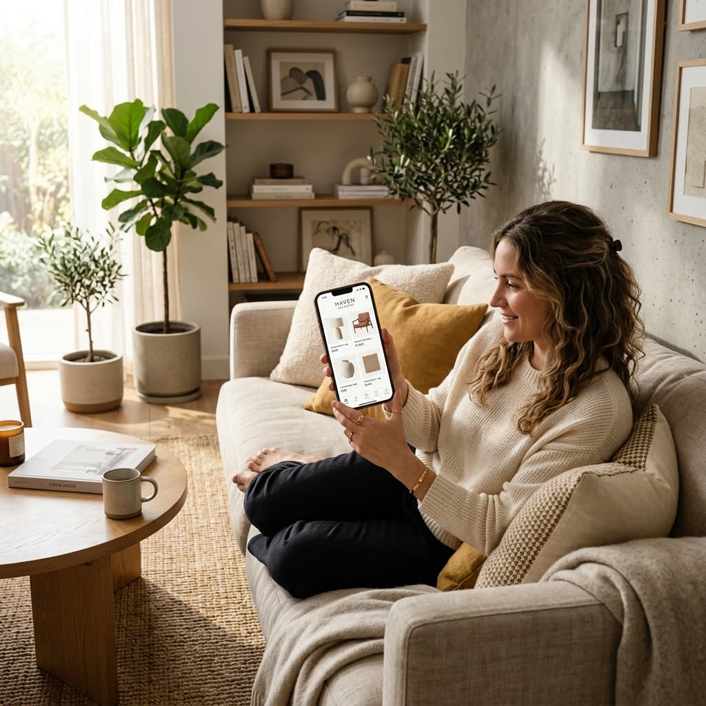 SimulaFly app interface showing AI furniture placement in a real room