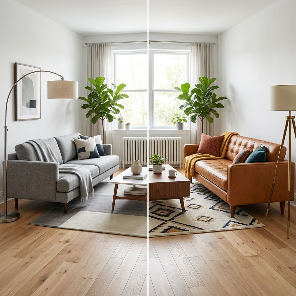 AI-powered side-by-side sofa comparison in real room
