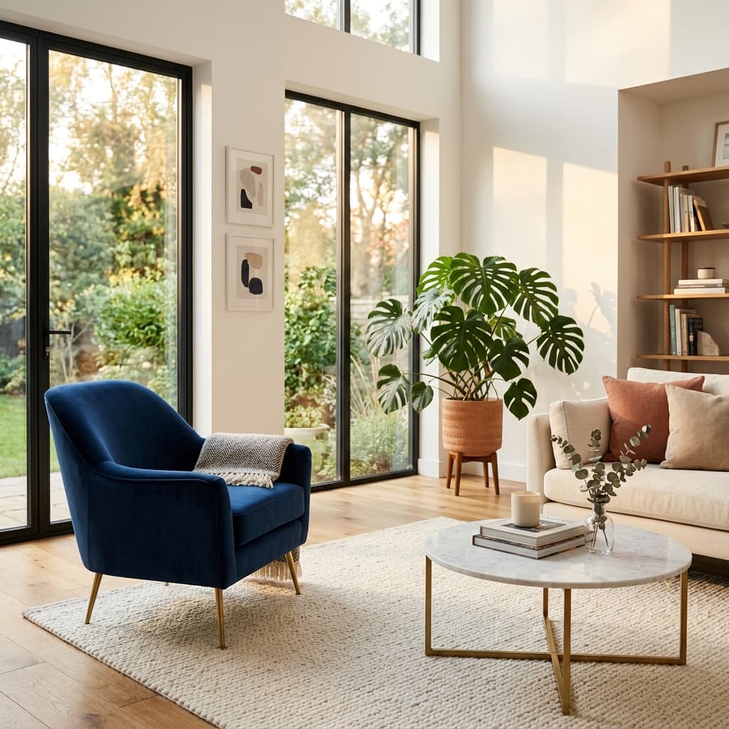 Virtual furniture try-on showing modern navy sofa in living room